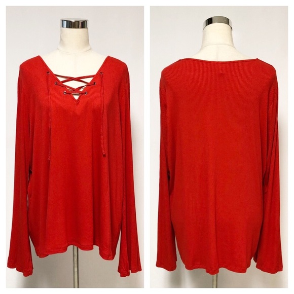 ➕ Cato Ribbed Bell Sleeve Lace Up Top Sz 22/24W - Picture 1 of 8